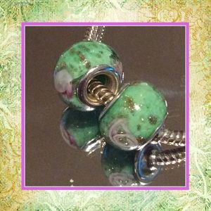 🌸 2PC GREEN & PURPLE SPARKLE GLASS BEADS DIY BEAD WIDE HOLE TROLL PANDORA LIKE